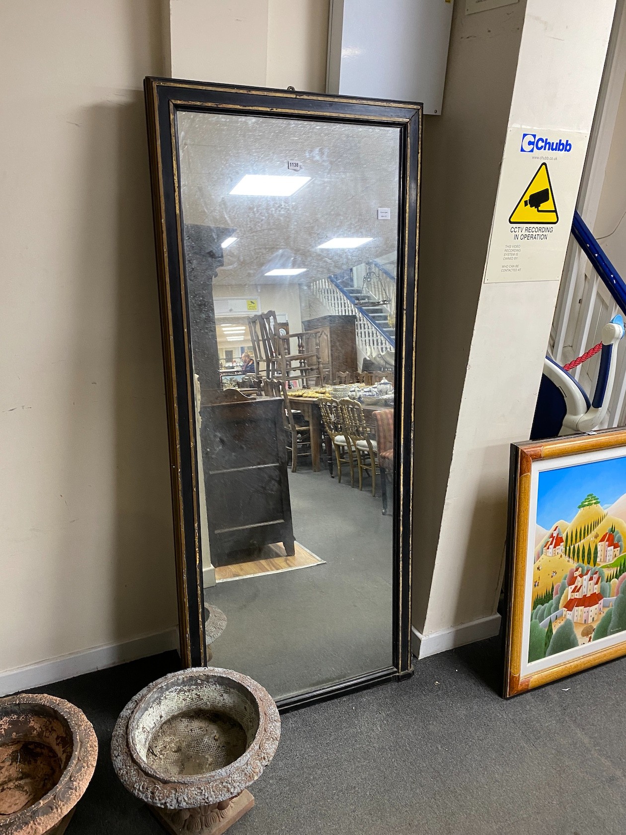 A late Victorian ebonised and gilt line painted robing mirror, width 79cm height 187cm.